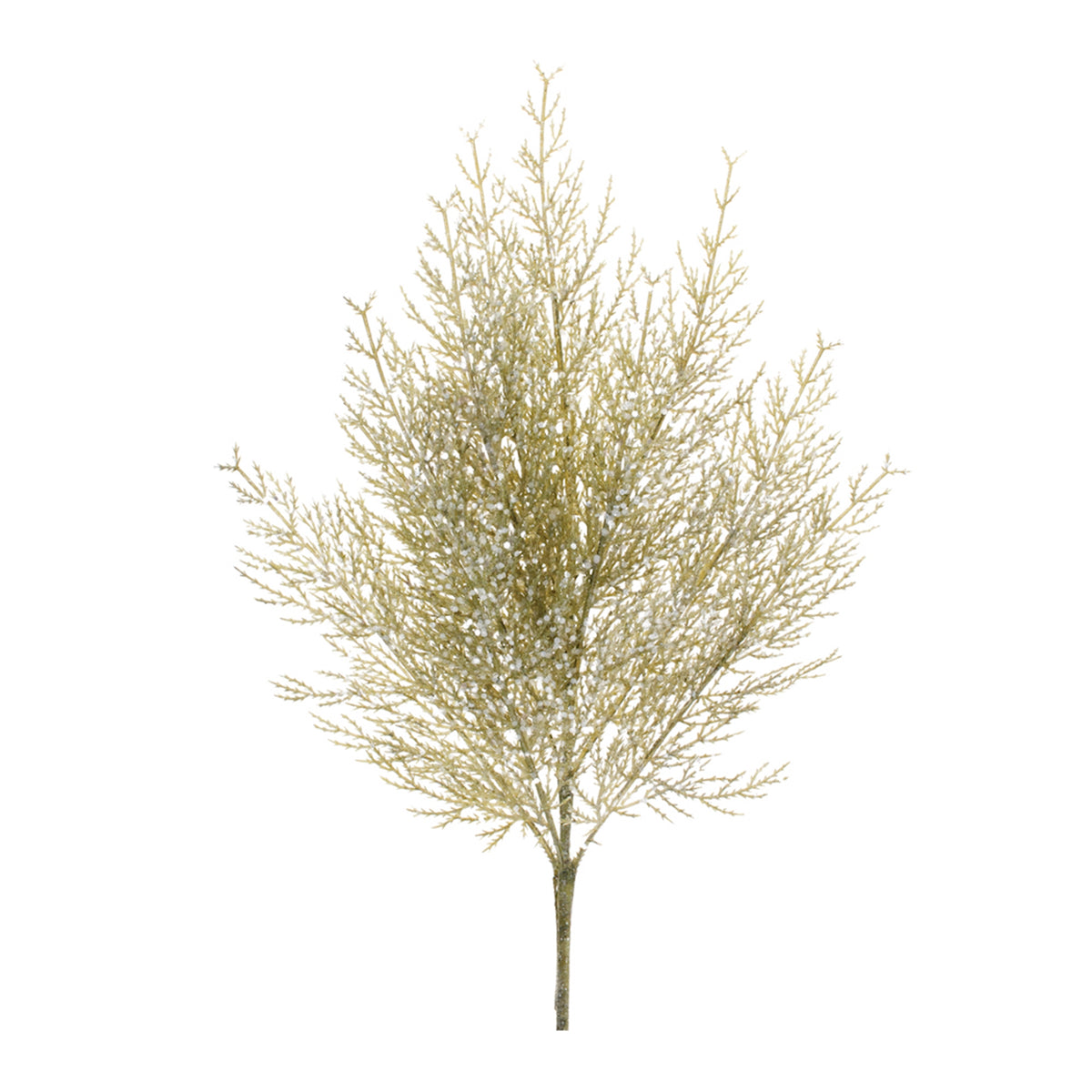 27.5-inch gold plastic cedar spray with white frosted accents on a single stem.