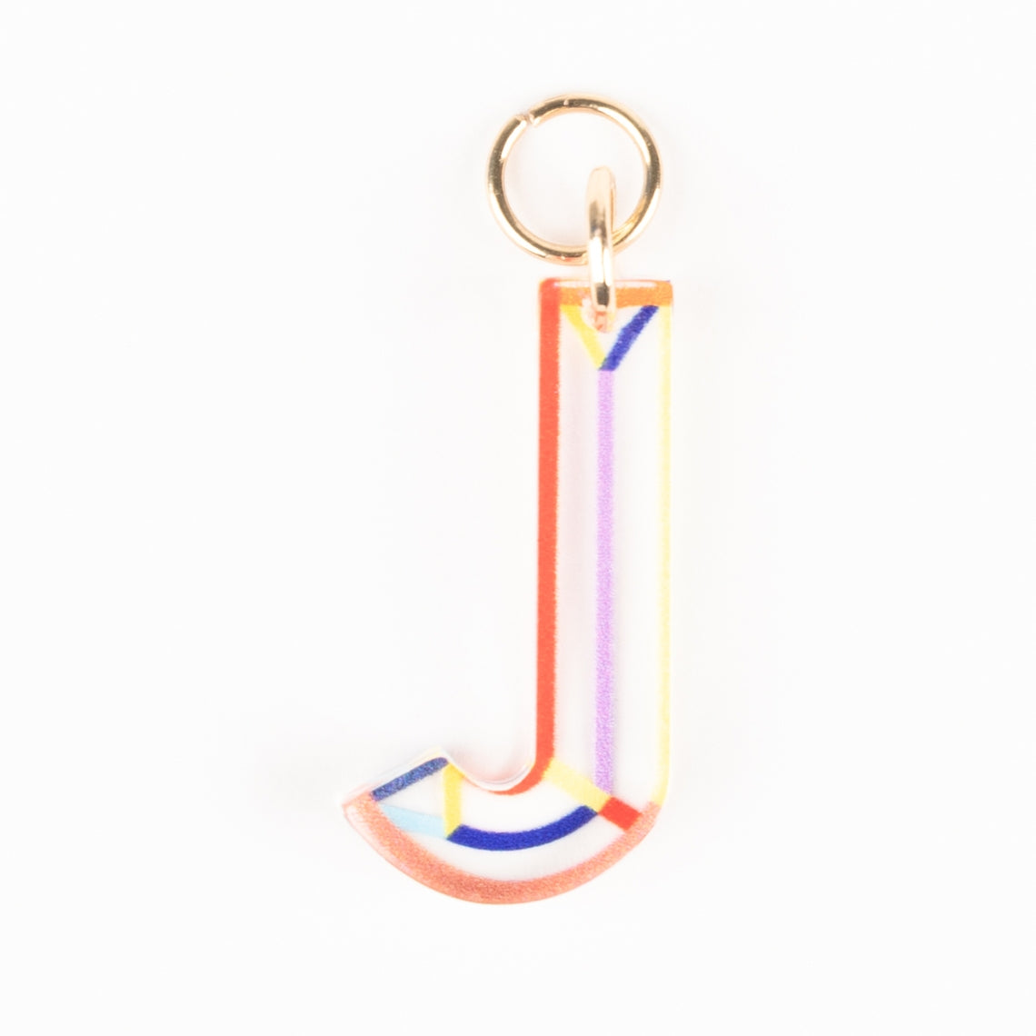 Marlow Initial Bag Charm featuring a colorful geometric letter J with 18K gold plated hardware.
