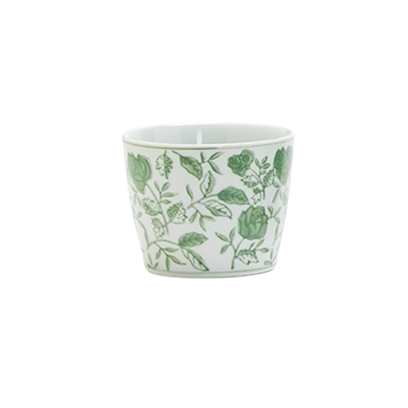 White porcelain Countryside Green Cachepot with a green floral and leaf pattern.