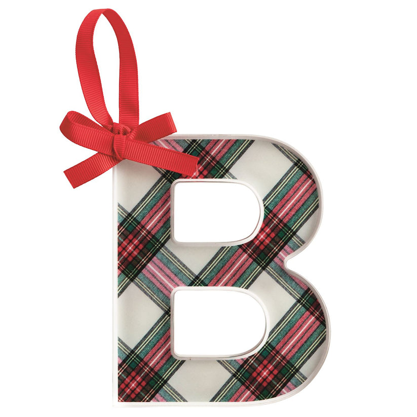 Acrylic tartan letter ornament with grosgrain ribbon hanger