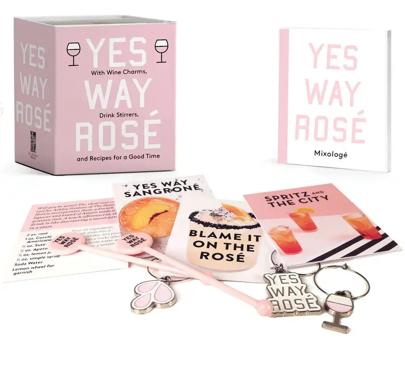 Yes Way Rosé Mini Kit gift set featuring three enamel wine charms, branded cocktail stirrers, and recipe cards.