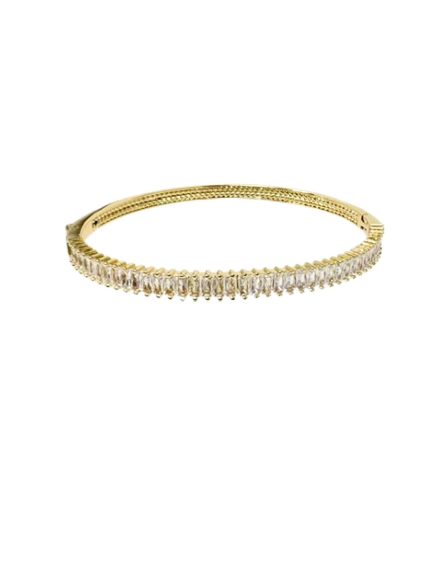 Gold CZ Bracelet featuring a row of baguette-cut cubic zirconia stones on a polished gold band.