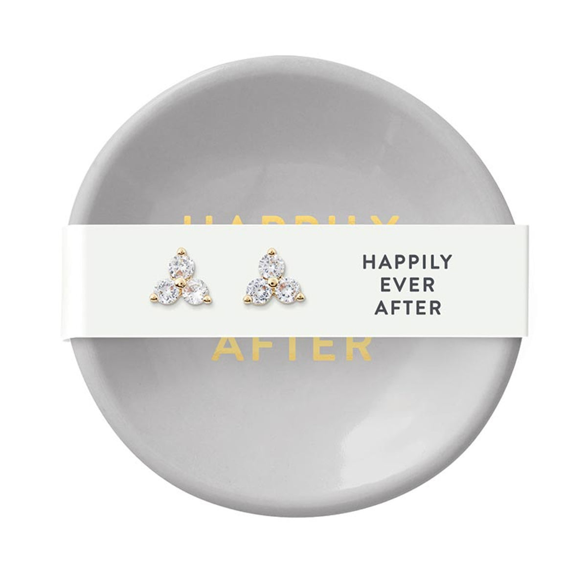 Grey ceramic ring dish with gold 'Happily Ever After' text and gold-plated CZ pave stud earrings.