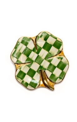 Lucky Check Clover Plate with a green and white checkered pattern and gold-rimmed edges.