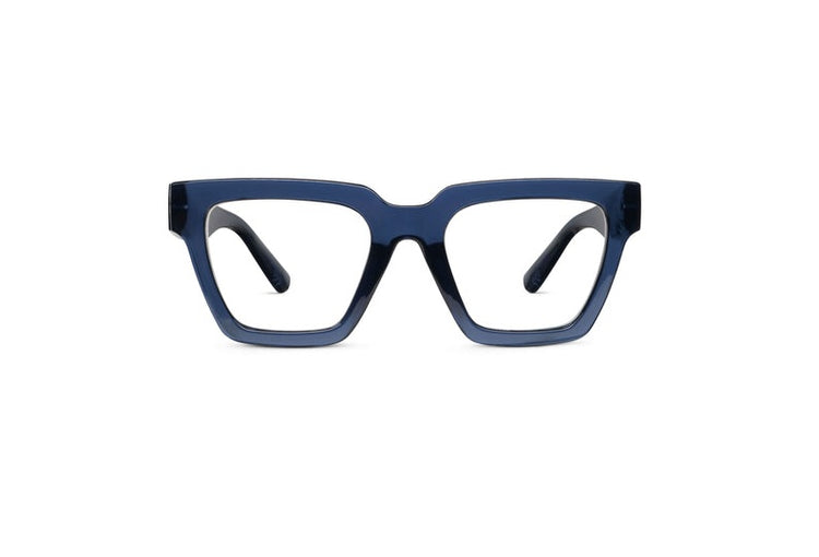 Take a Bow Progressives in navy blue with thick rectangular frames and clear lenses.