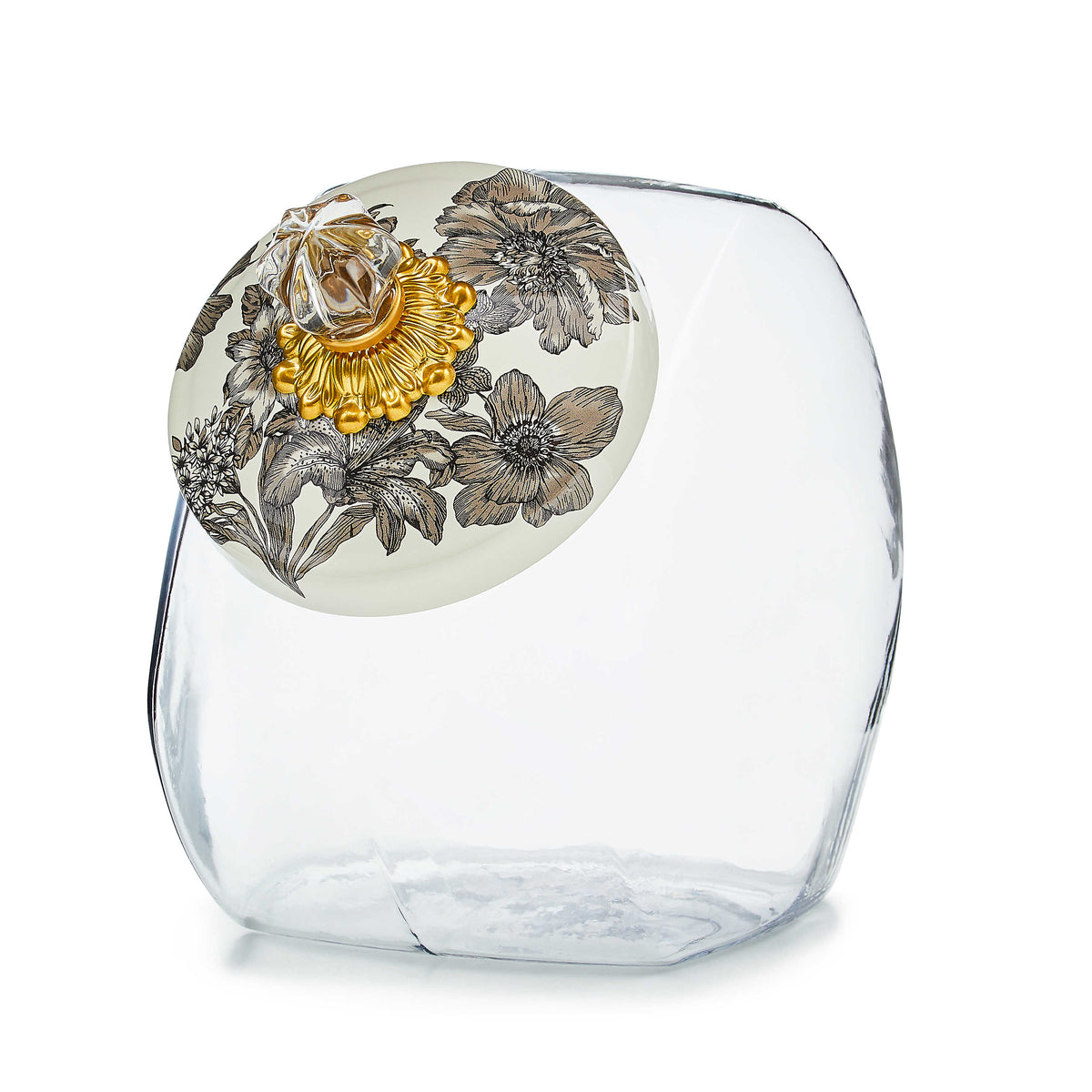 Clear glass cookie jar with a floral pattern lid featuring a gold bobeche and glass finial.
