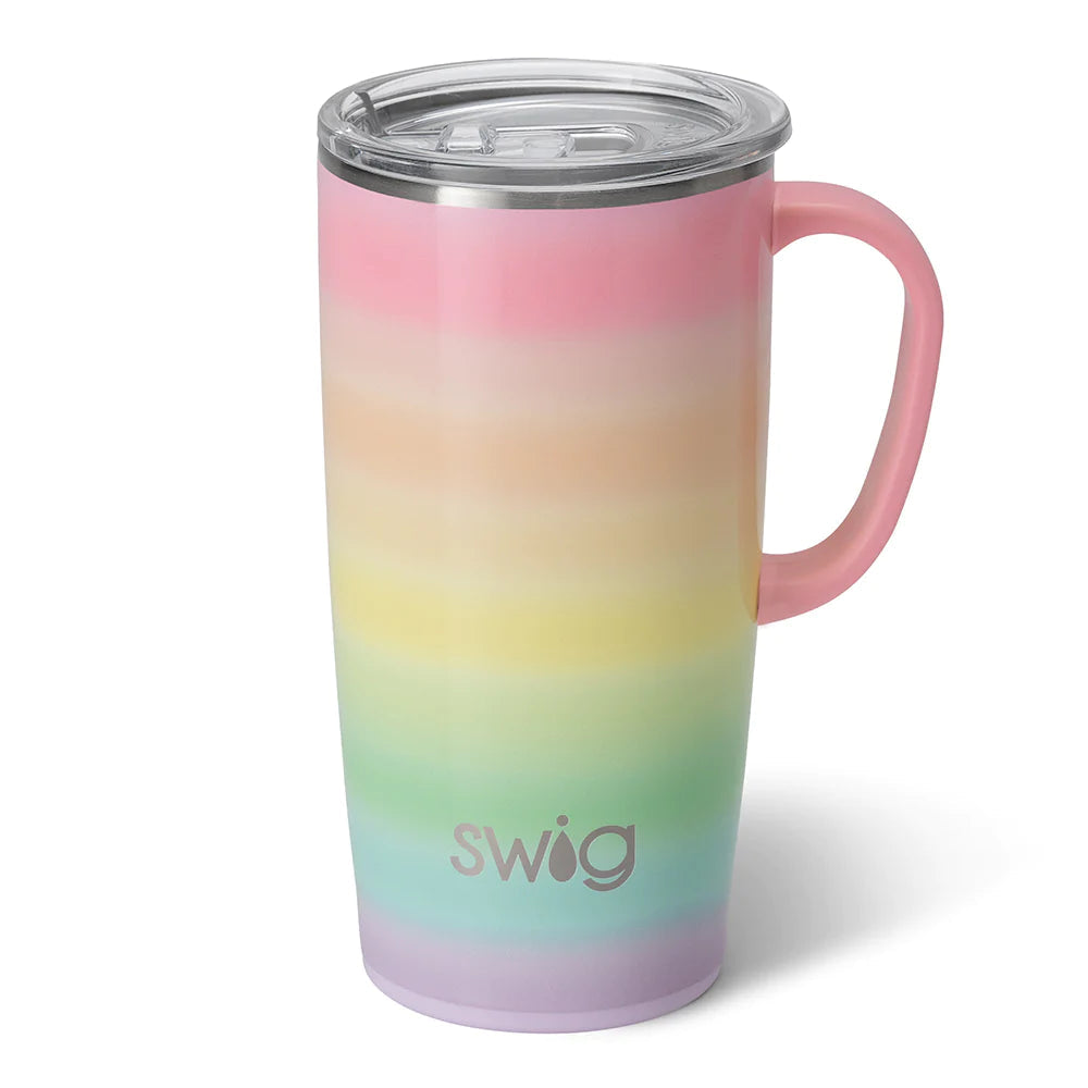 Silver stainless steel travel mug with a slim metal handle and large BPA-free lid.