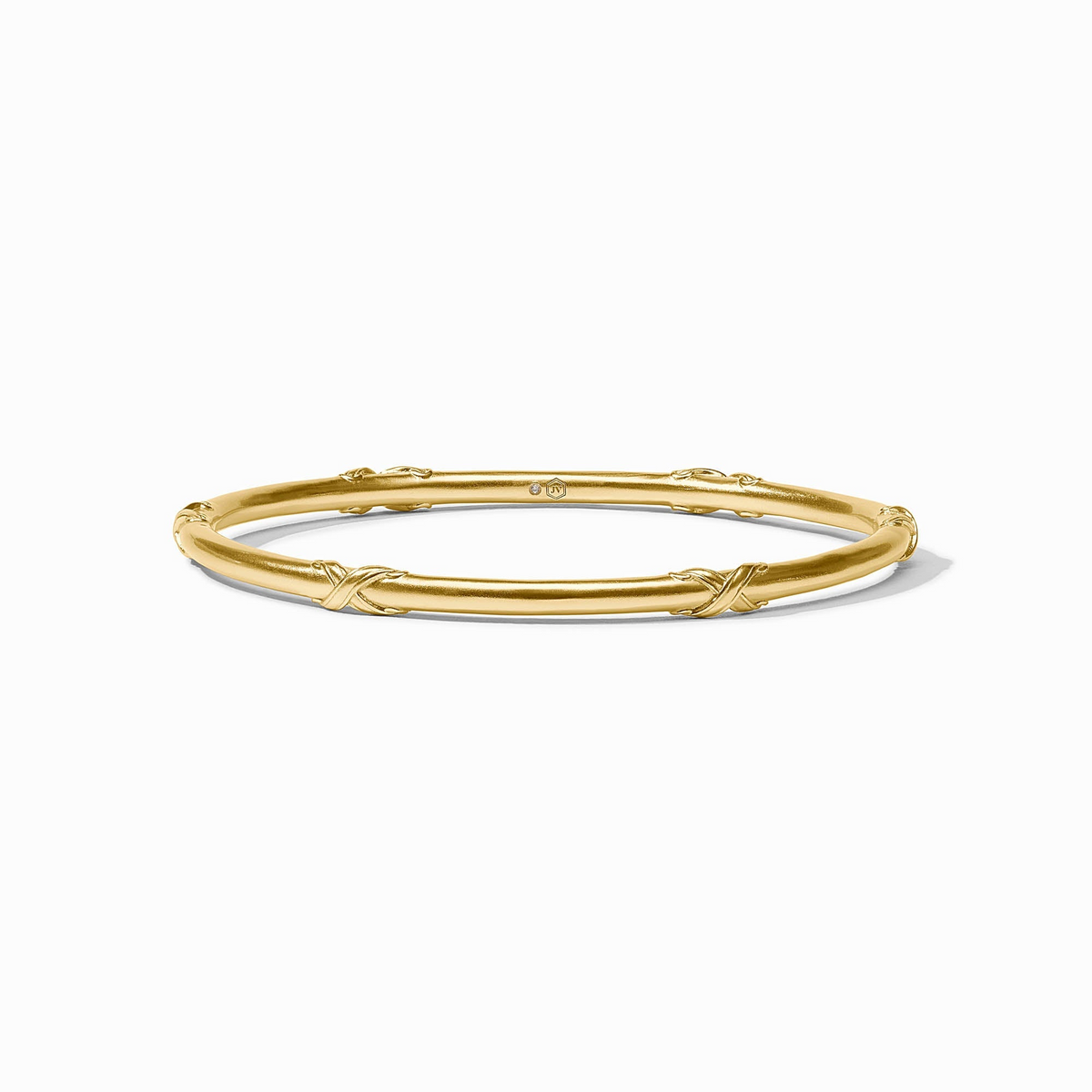 Essex Bangle in 24K gold plate with a smooth finish and decorative cross-hatched accents.