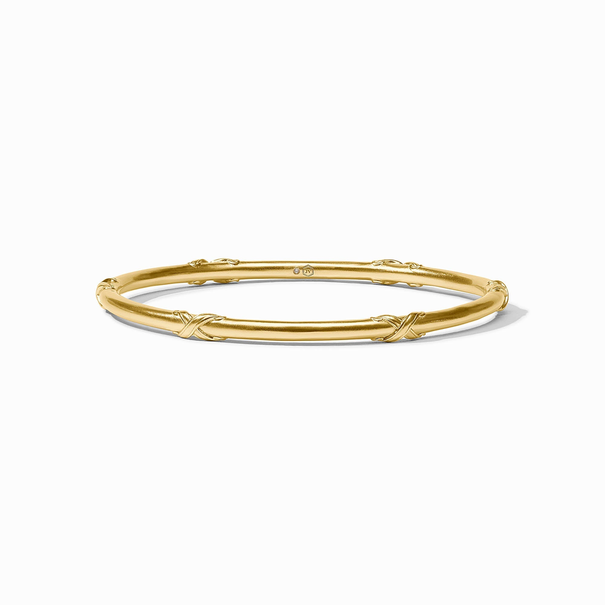 Essex Bangle in 24K gold plate with a smooth finish and decorative cross-hatched accents.