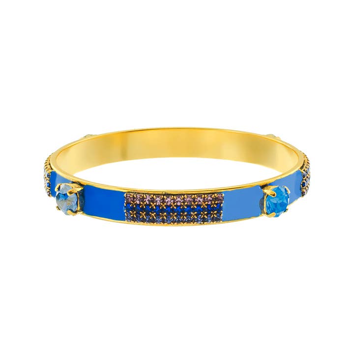 Antique gold brass bangle with colorful enamel hand painting and sparkling crystal accents.