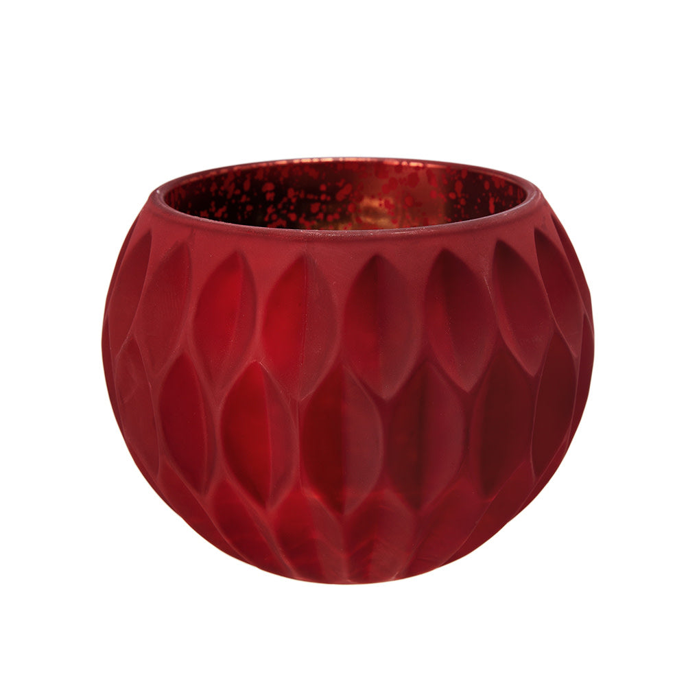 Round red glass candle holder with a textured diamond pattern and metallic interior finish.