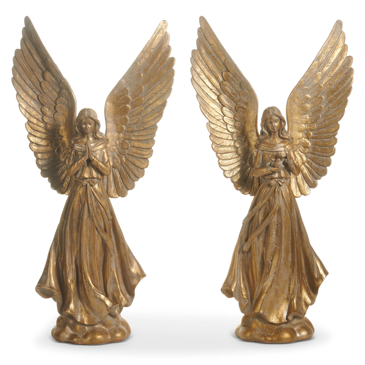 Two 17-inch gold-finished resin angel statues with large wings, one praying and one holding a bird.