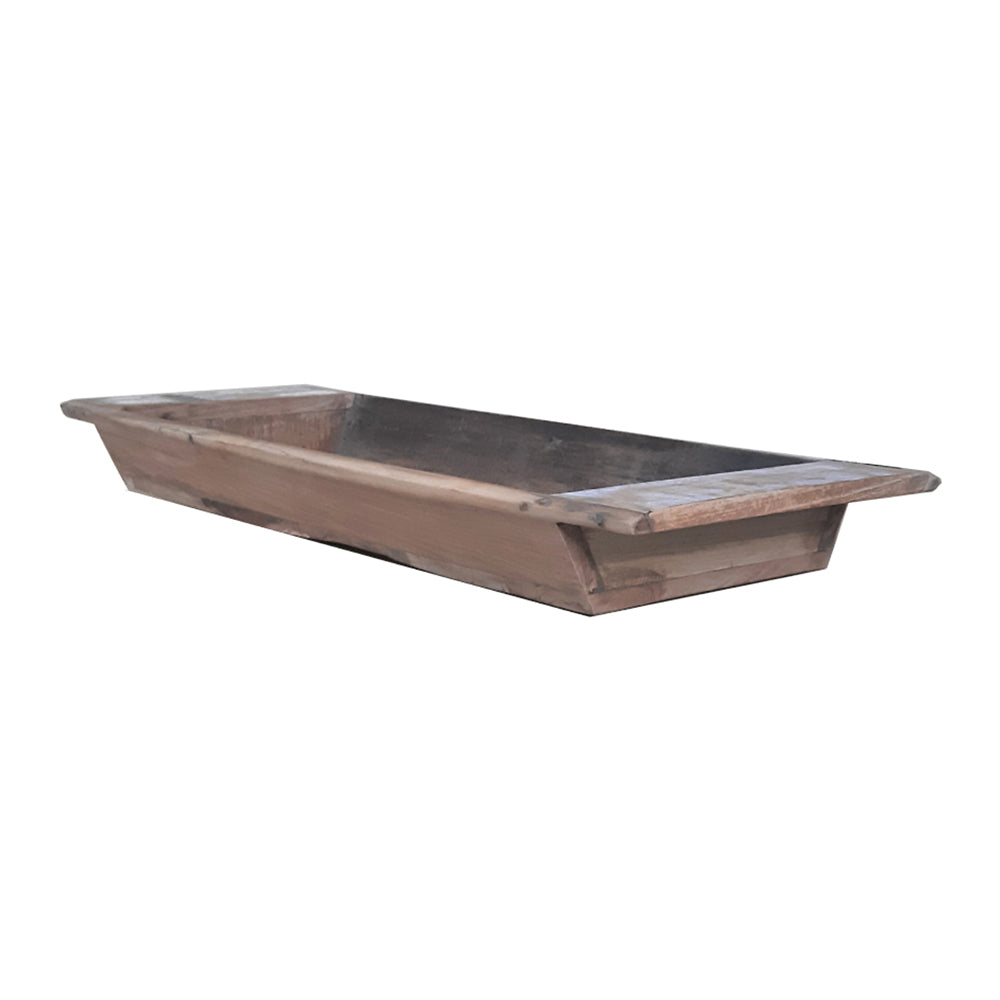 Long, shallow rectangular planter made of rustic reclaimed wood with a natural brown finish.