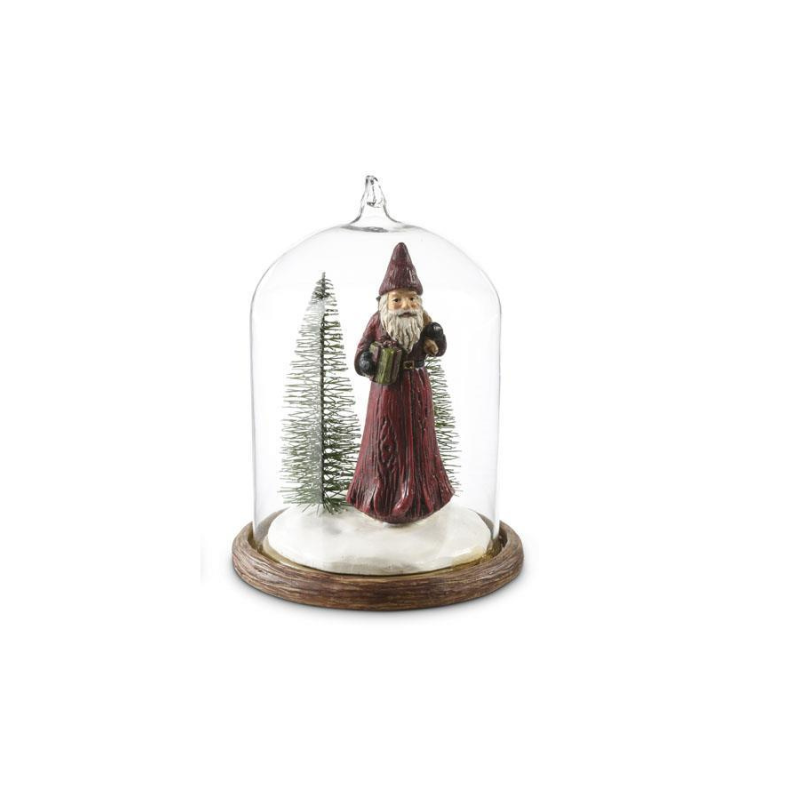 5.25 inch glass cloche featuring a resin Santa in a red robe next to a bottlebrush tree on snow.