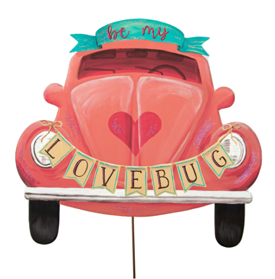 Bubble Gum Love Bug stake in bubblegum pink with a bug silhouette on an easel stand.