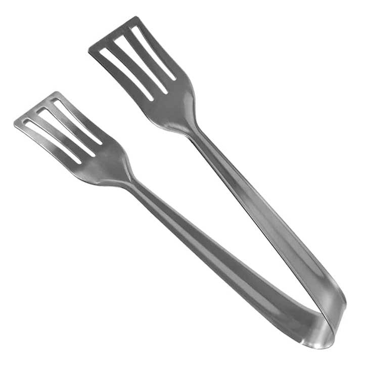 Stainless steel mini serving tongs with black silicone tips on a white background.