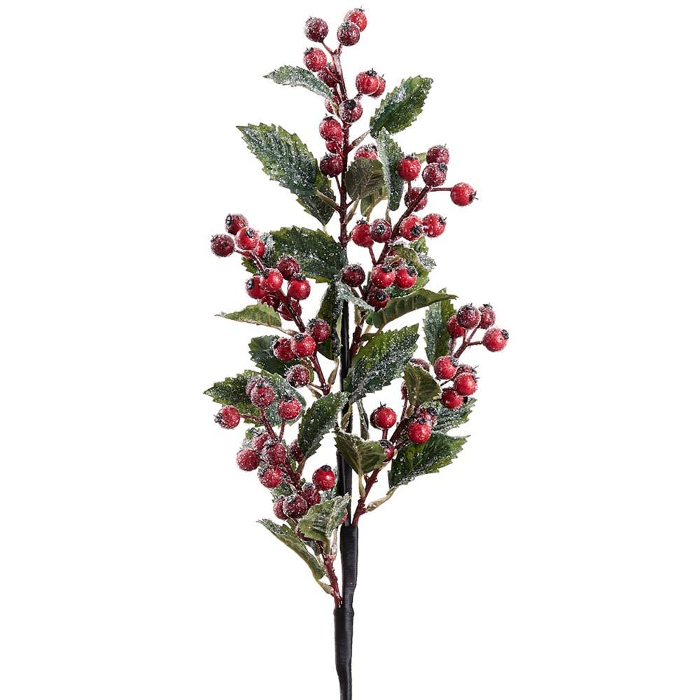 26-inch iced berry, holly, and pine spray with red berries and frosted green leaves.