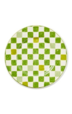Handmade stoneware check dinner plate with a black-and-white grid pattern on an off-white background.