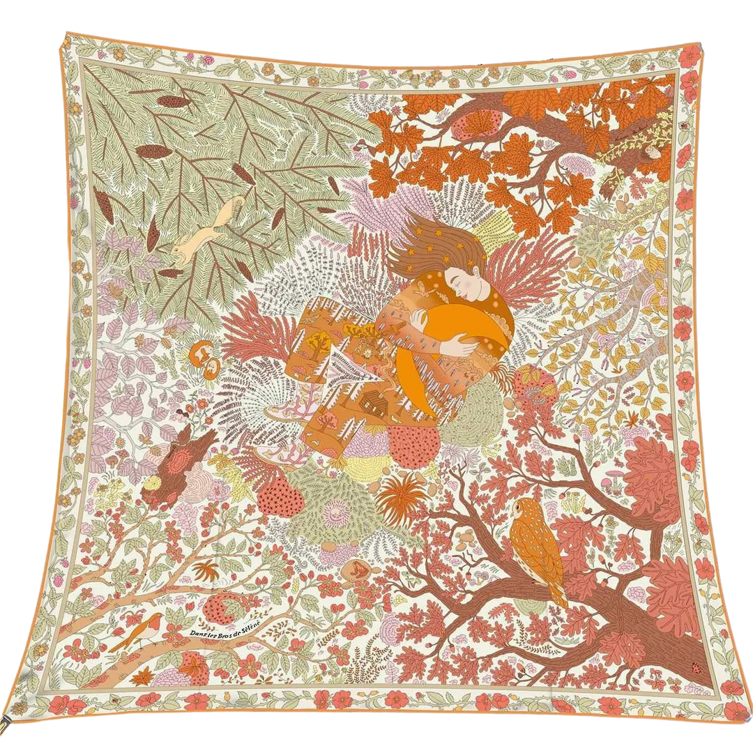 Square reversible wool and silk scarf with an intricate autumn forest and sleeping woman design.