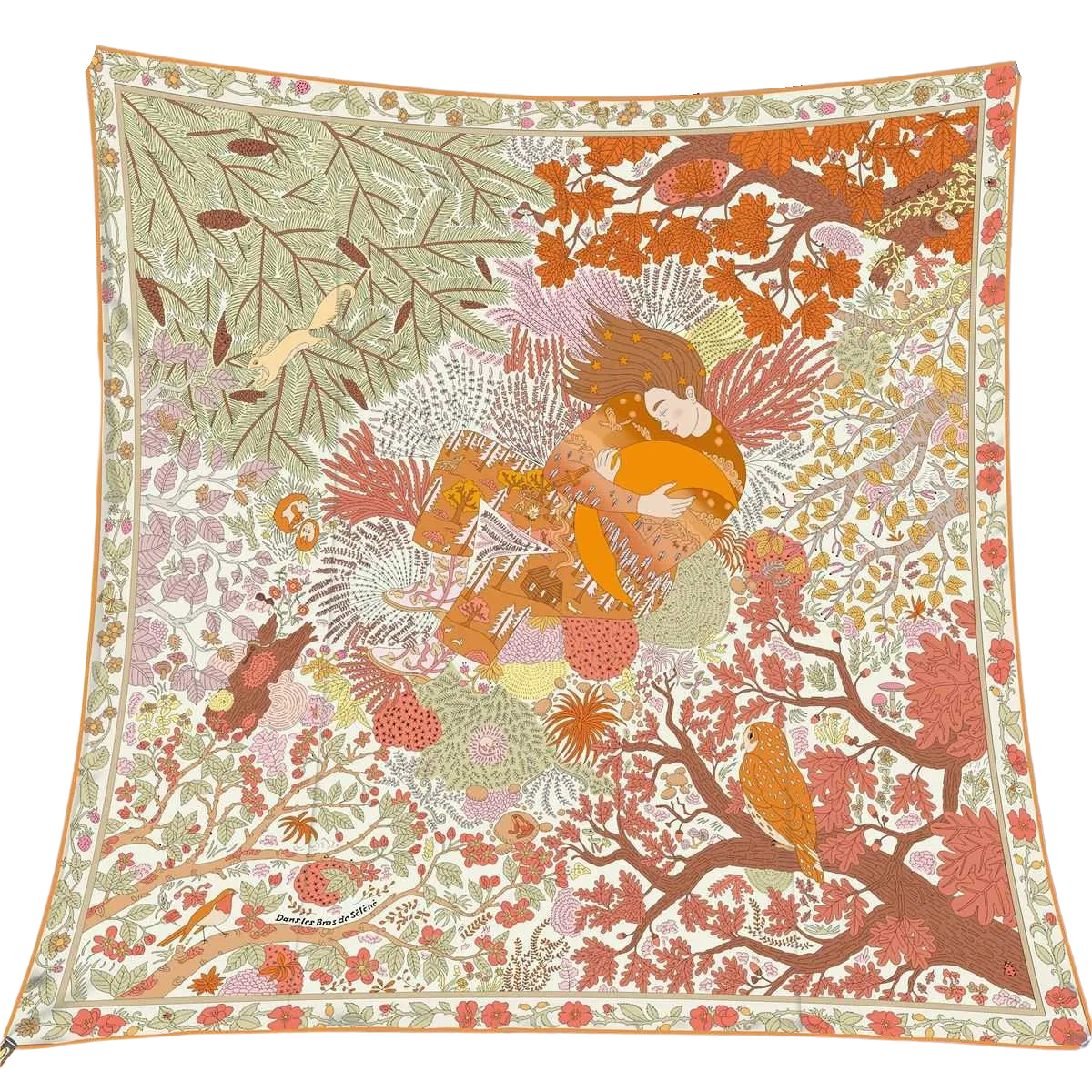 Square reversible wool and silk scarf with an intricate autumn forest and sleeping woman design.