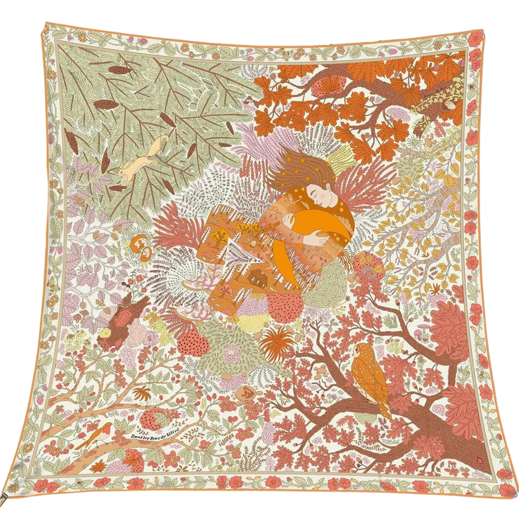Square reversible wool and silk scarf with an intricate autumn forest and sleeping woman design.