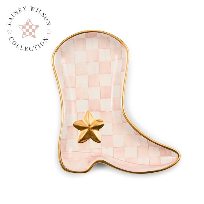 Hand-painted pink and white checkered cowboy boot ceramic dish with gold trim and star detail.
