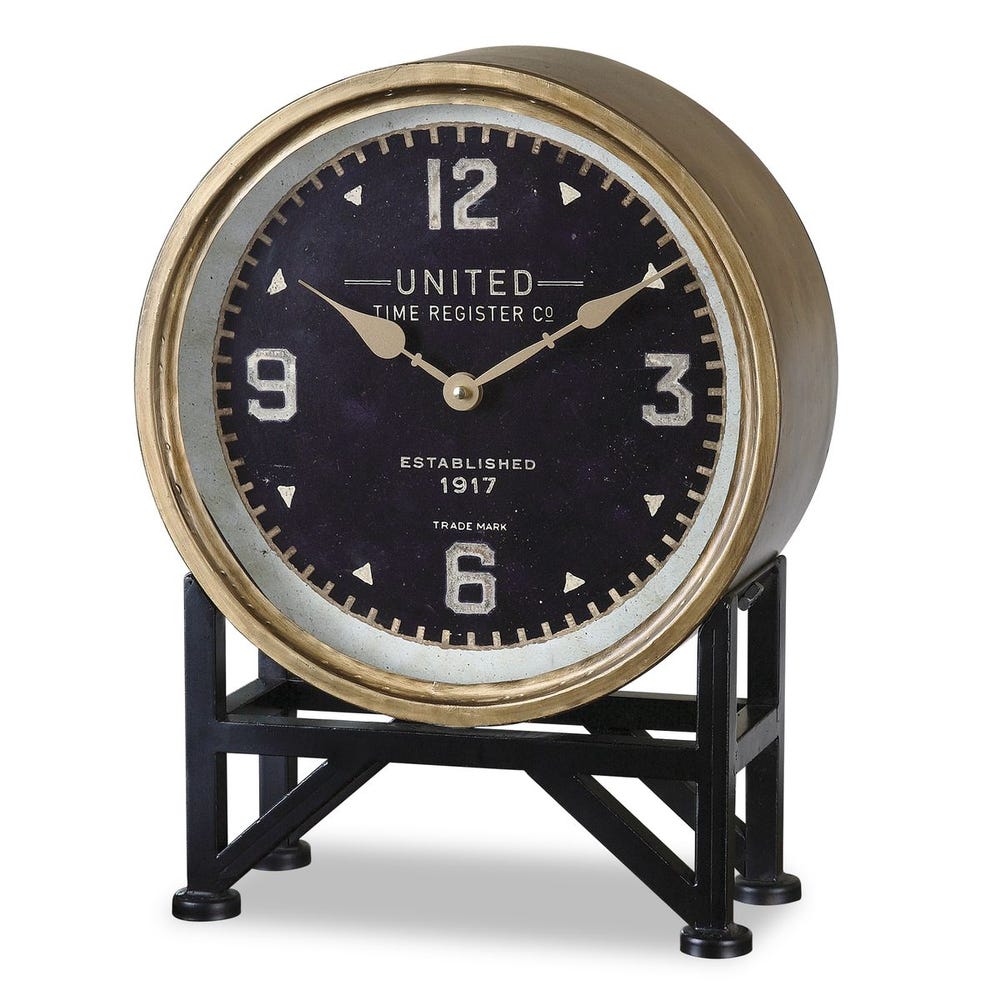 Black and gold United Time Register Co. clock with Roman numerals and a stand.