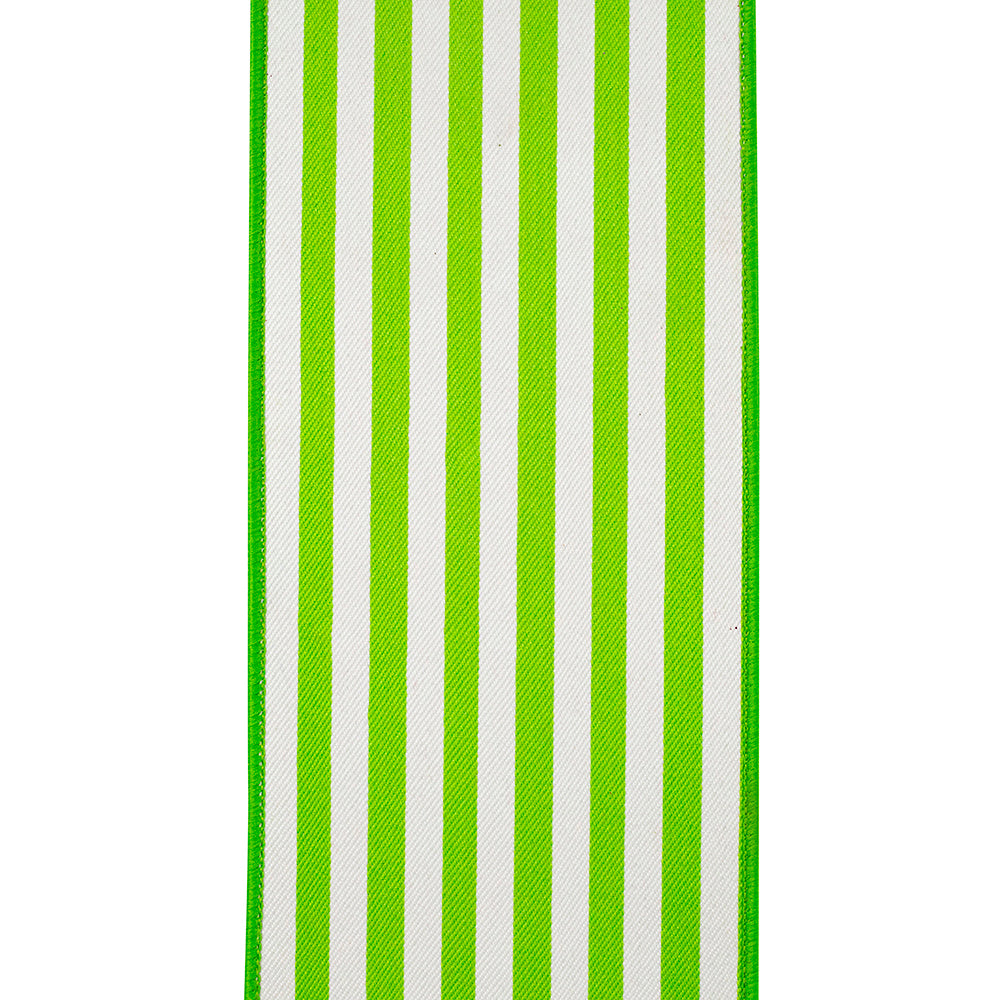 4 inch wide lime green and white vertical striped twill ribbon with a wired edge.