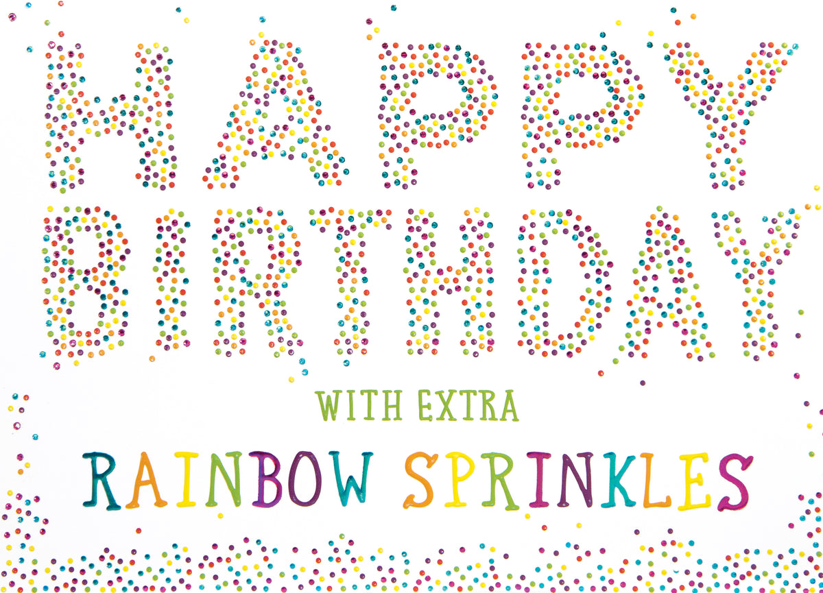 Extra Rainbow Sprinkles Greeting Card with colorful polka dot text and embossed details.
