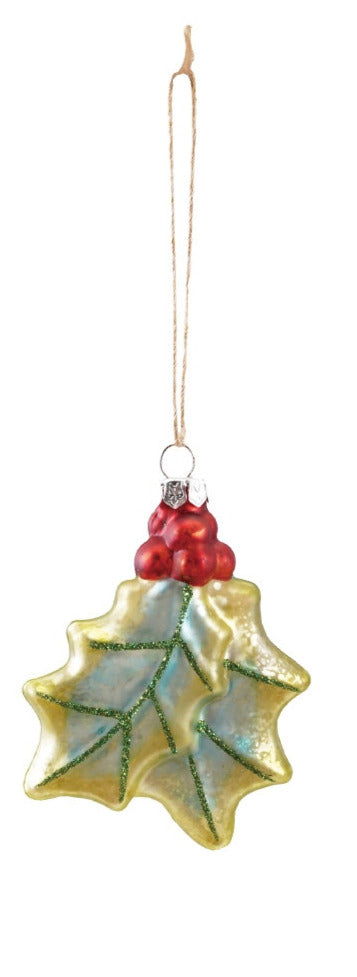 Hand-painted mercury glass holly ornament with glitter leaves, red berries, and a twine loop.