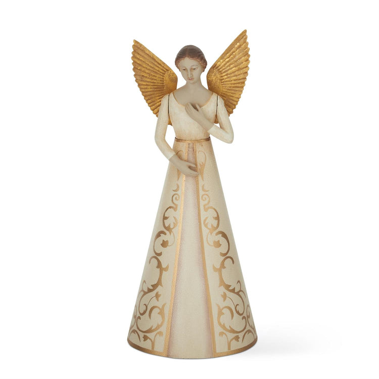 Hand embossed cream metal tree topper with gold resin accents and tin wings.