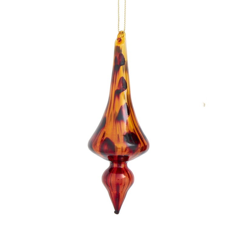 Glass finial ornament with a rich amber and brown marbled tortoise shell finish.