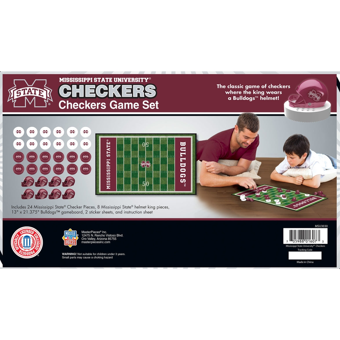 Mississippi State Bulldogs checkers board game with team logo pieces on a wooden-style playing surface.