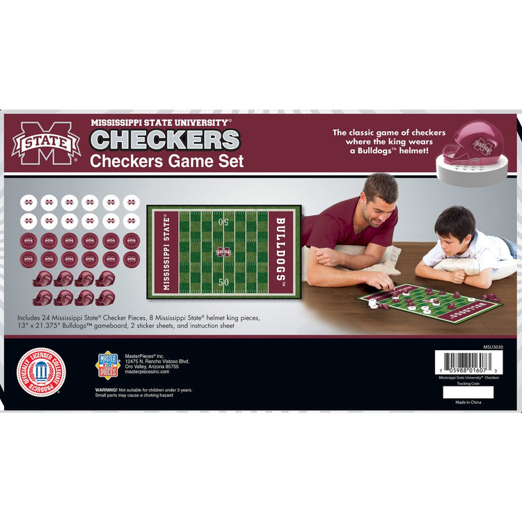 Mississippi State Bulldogs checkers board game with team logo pieces on a wooden-style playing surface.