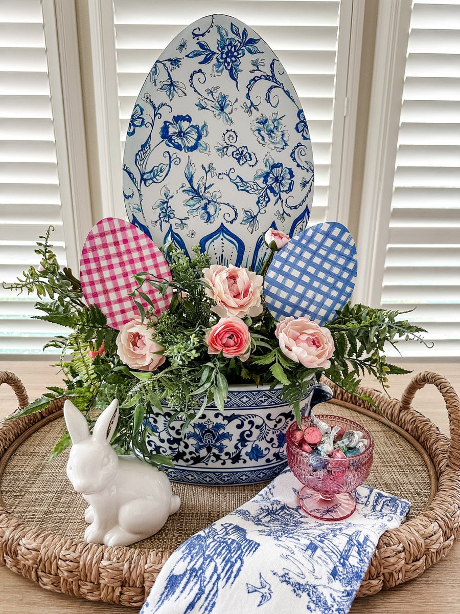 Gingham Eggs stake featuring a white base with red gingham patterned eggs.