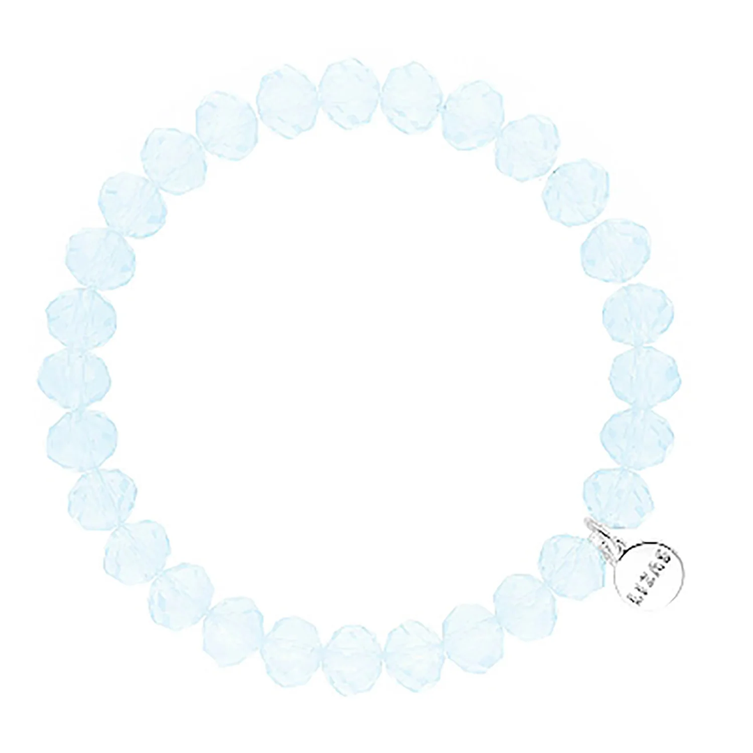 Lizas Quadro Big crystal stretch bracelet in light blue with a silver logo charm.