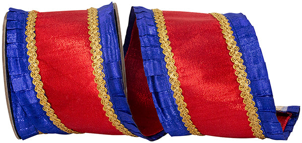4 inch royal blue and red metallic pleated dupioni wired edge ribbon with gold braided trim.