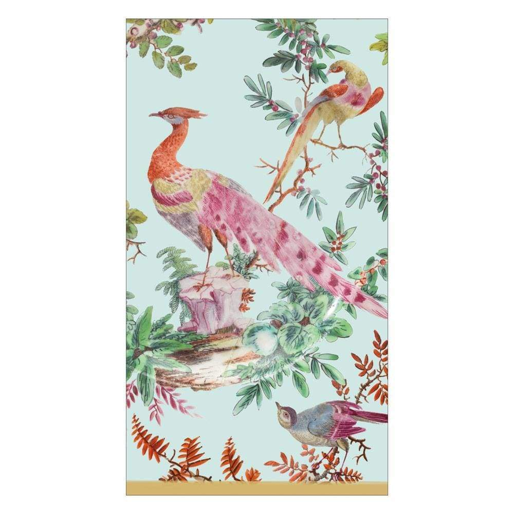 Chelsea Birds Celadon Guest Towel featuring a vintage-style bird and floral design on light blue.