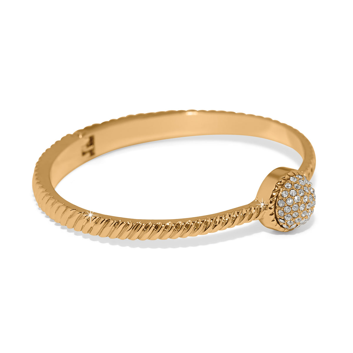 Gold plated Illumina Celeste Dome Hinged Bangle with a crystal-encrusted dome and twisted texture.
