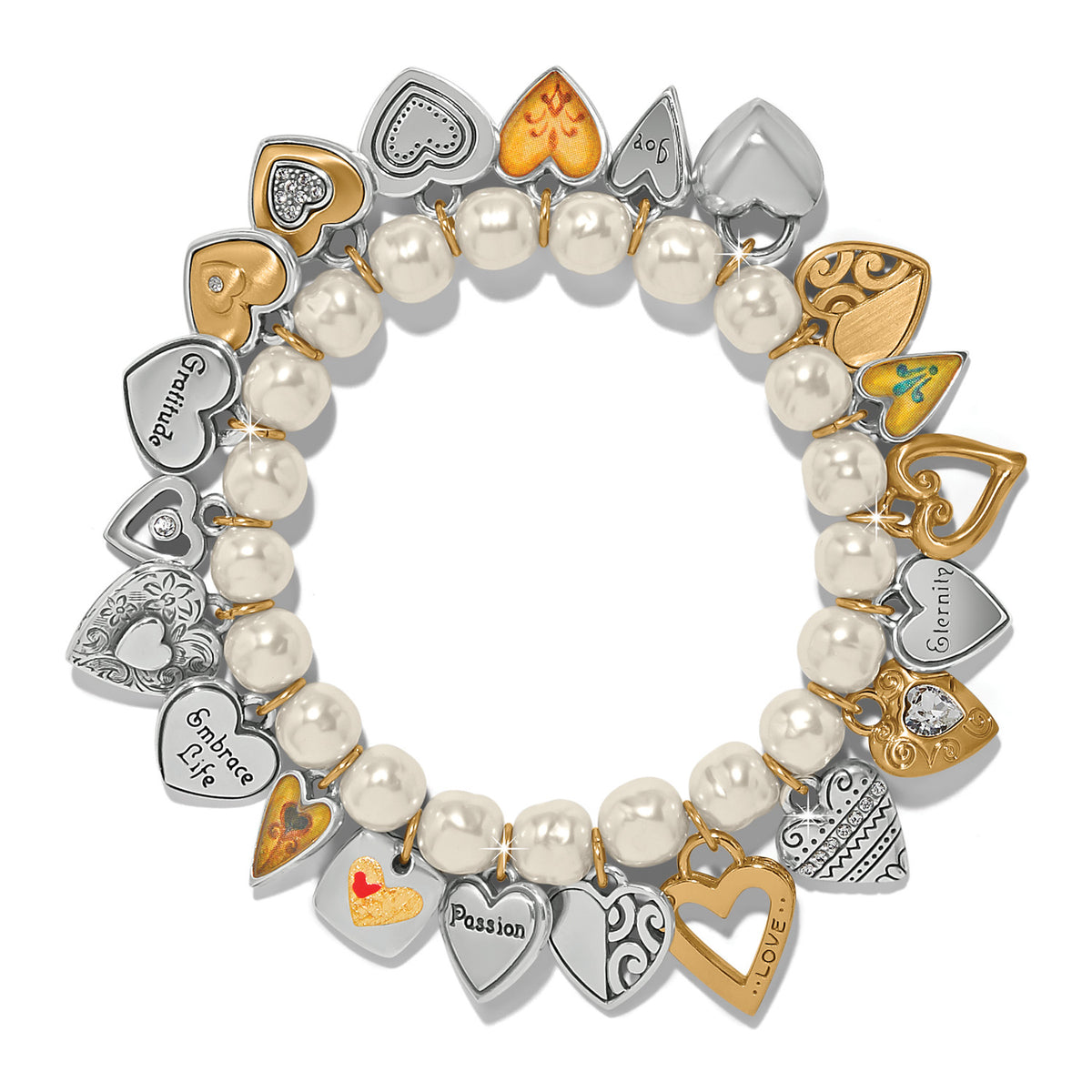 Two-tone silver-gold stretch bracelet featuring a single pearl heart pendant with lobster claw closure.