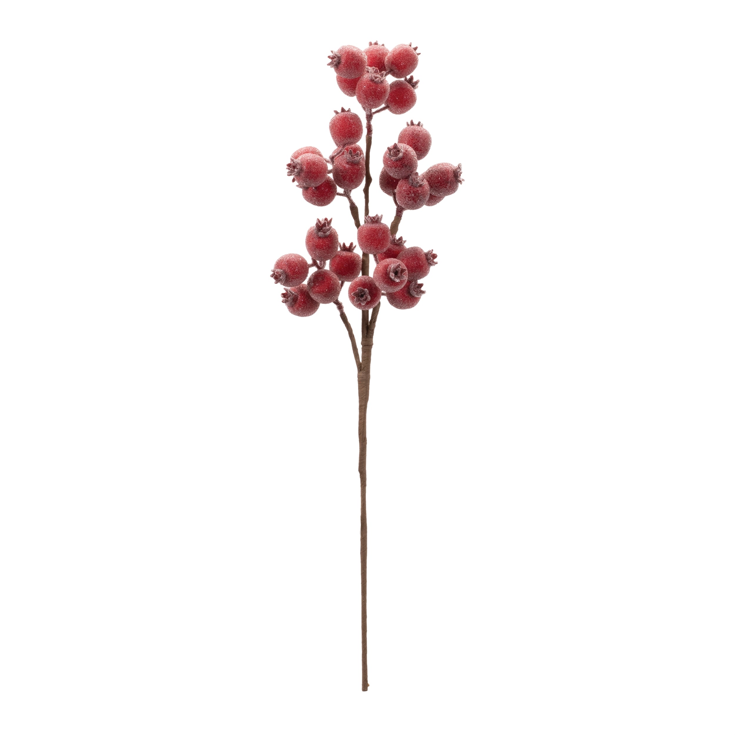 21-inch frosted red berry spray made of styrofoam on a brown stem.