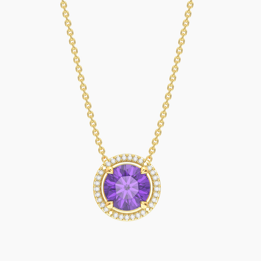 Gold-plated birthstone pendant necklace with a round purple center stone and diamond halo.