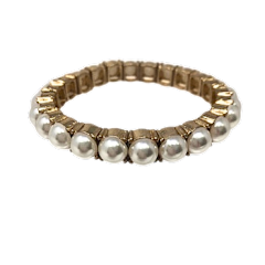 Gold tone stretch bracelet featuring faux pearls on a 16-inch chain.