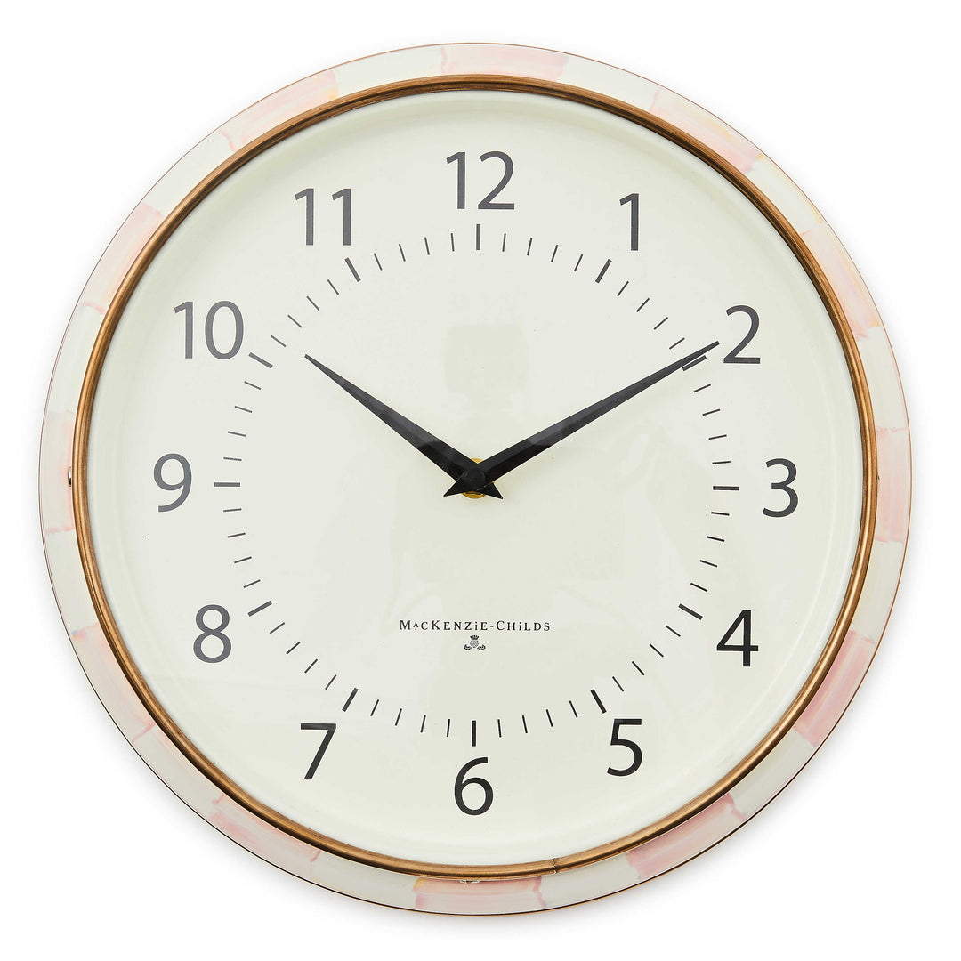 Round Rosy Check School Wall Clock with hand-painted pink checks and bronzed stainless steel rim.