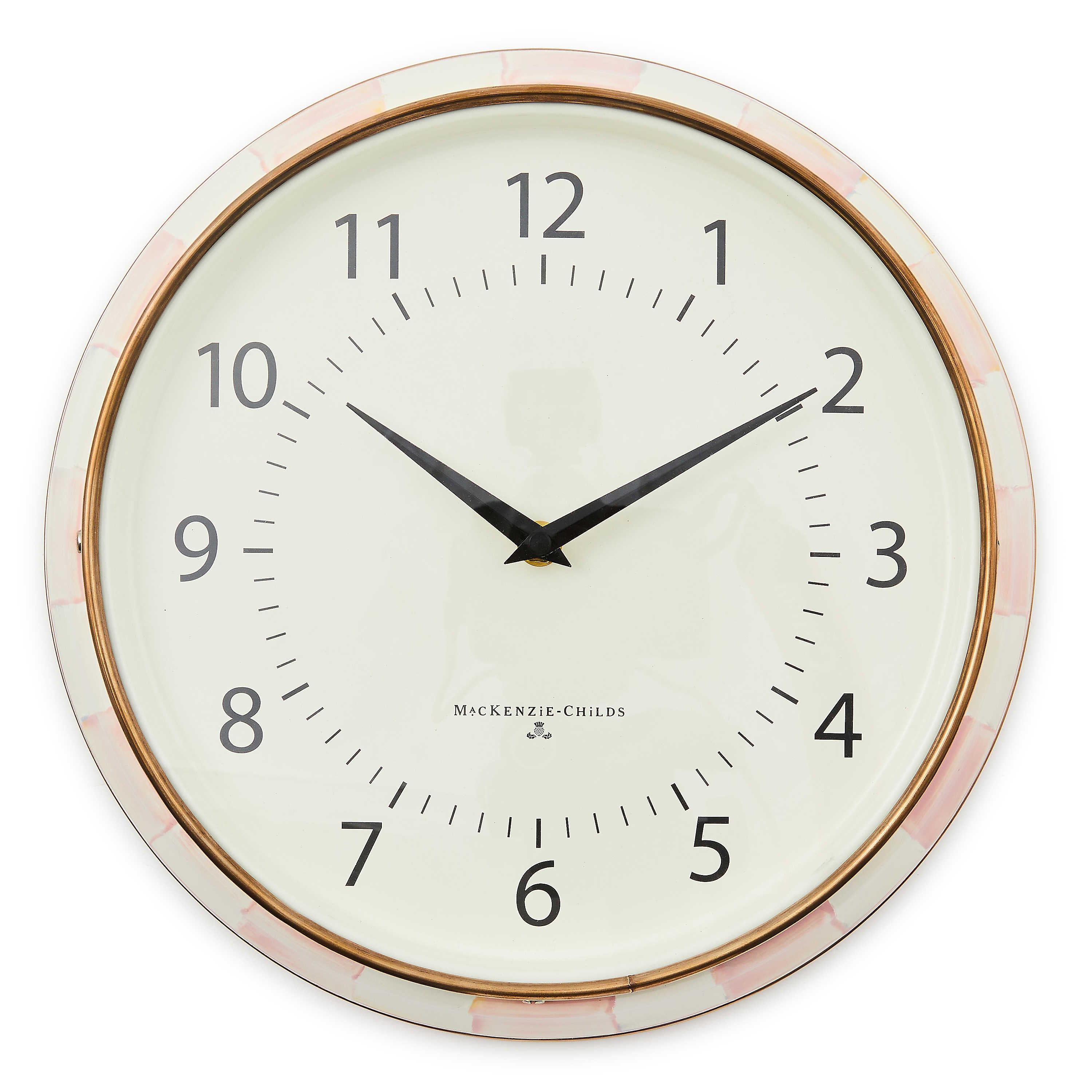 Round Rosy Check School Wall Clock with hand-painted pink checks and bronzed stainless steel rim.