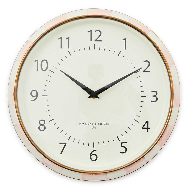 Round Rosy Check School Wall Clock with hand-painted pink checks and bronzed stainless steel rim.