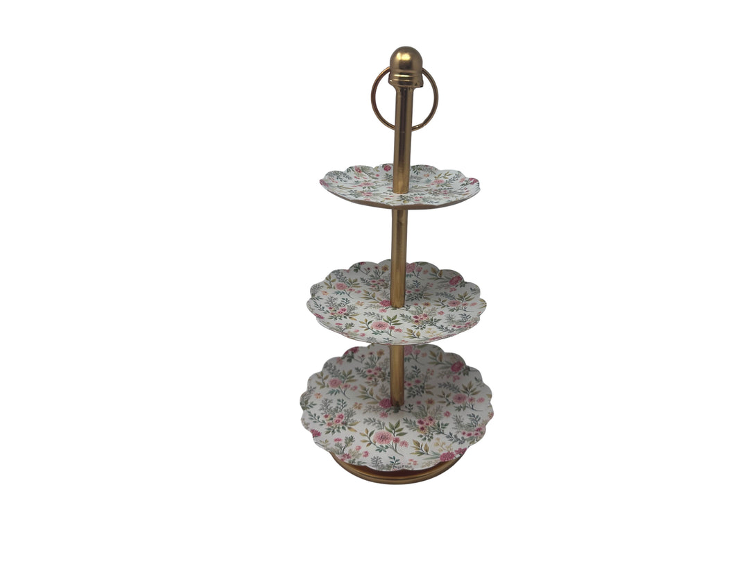 3-tier tray with floral pattern plates and a gold-colored metal stand and ring handle.