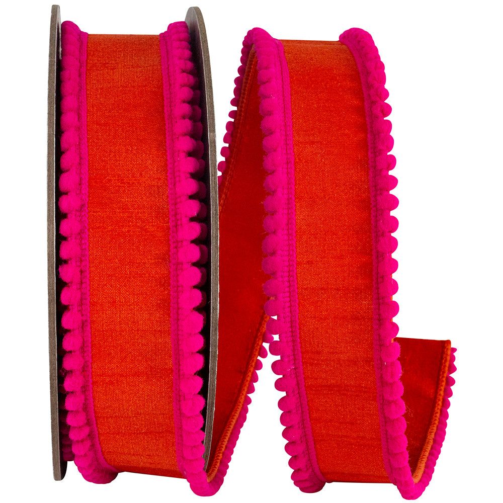 Orange fuchsia dupioni ribbon with wired edges in a roll