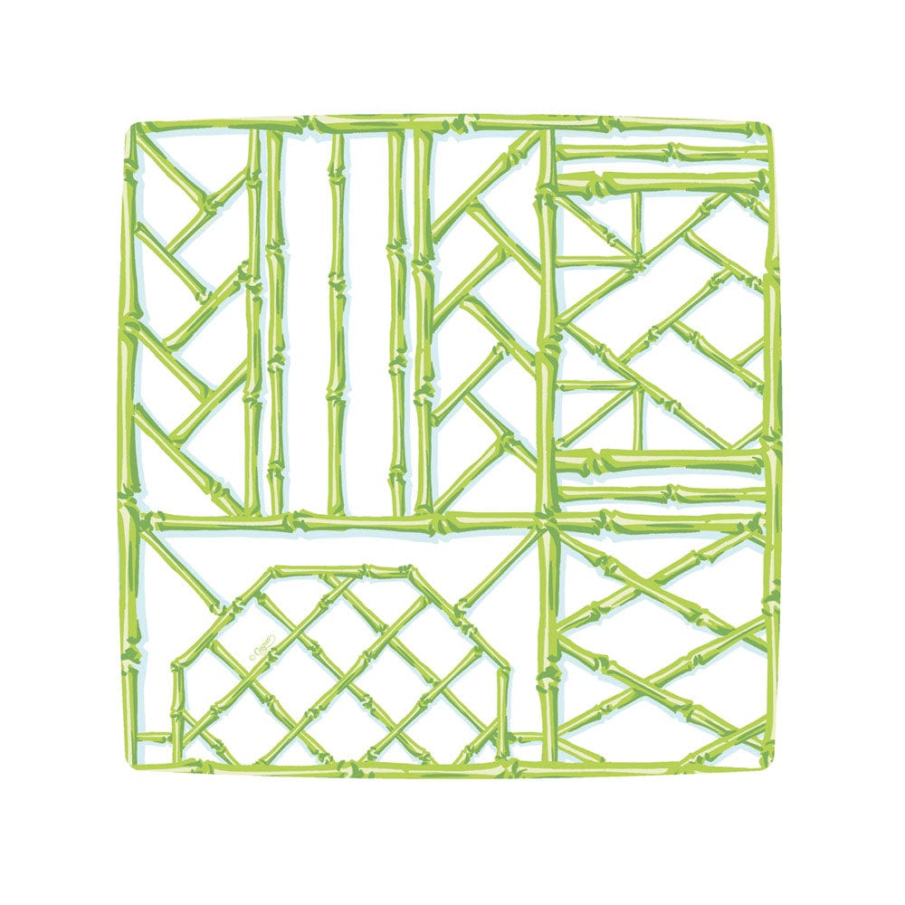 Square bamboo paper plate in moss green with a subtle screen-printed pattern.