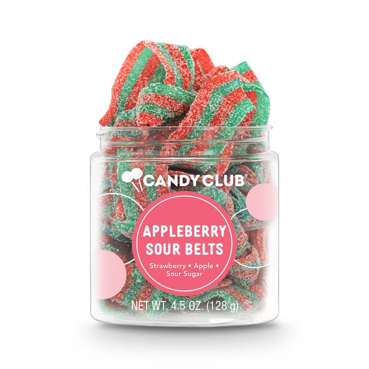 Packaging for Sour Belts Candies featuring tart cherry-flavored ribbons.